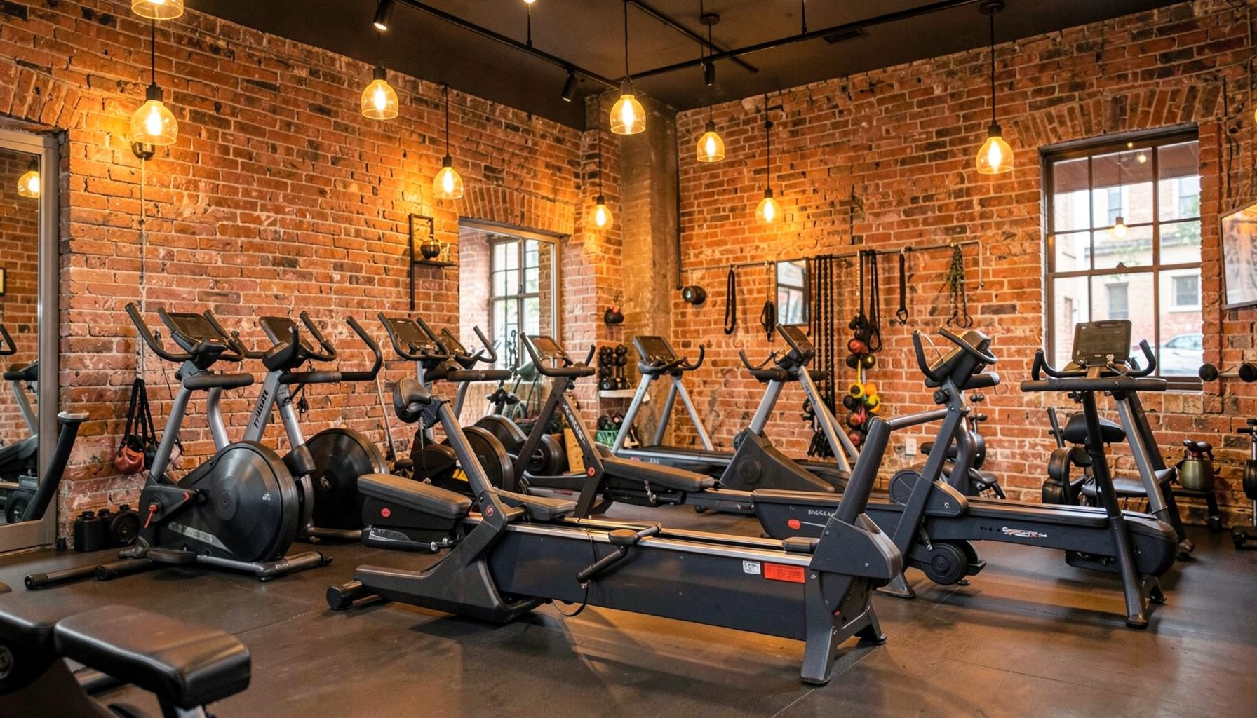 Warm, energetic boutique fitness studio interior with rowing machines, exposed brick wall, and soft amber pendant lighting creating an inviting atmosphere