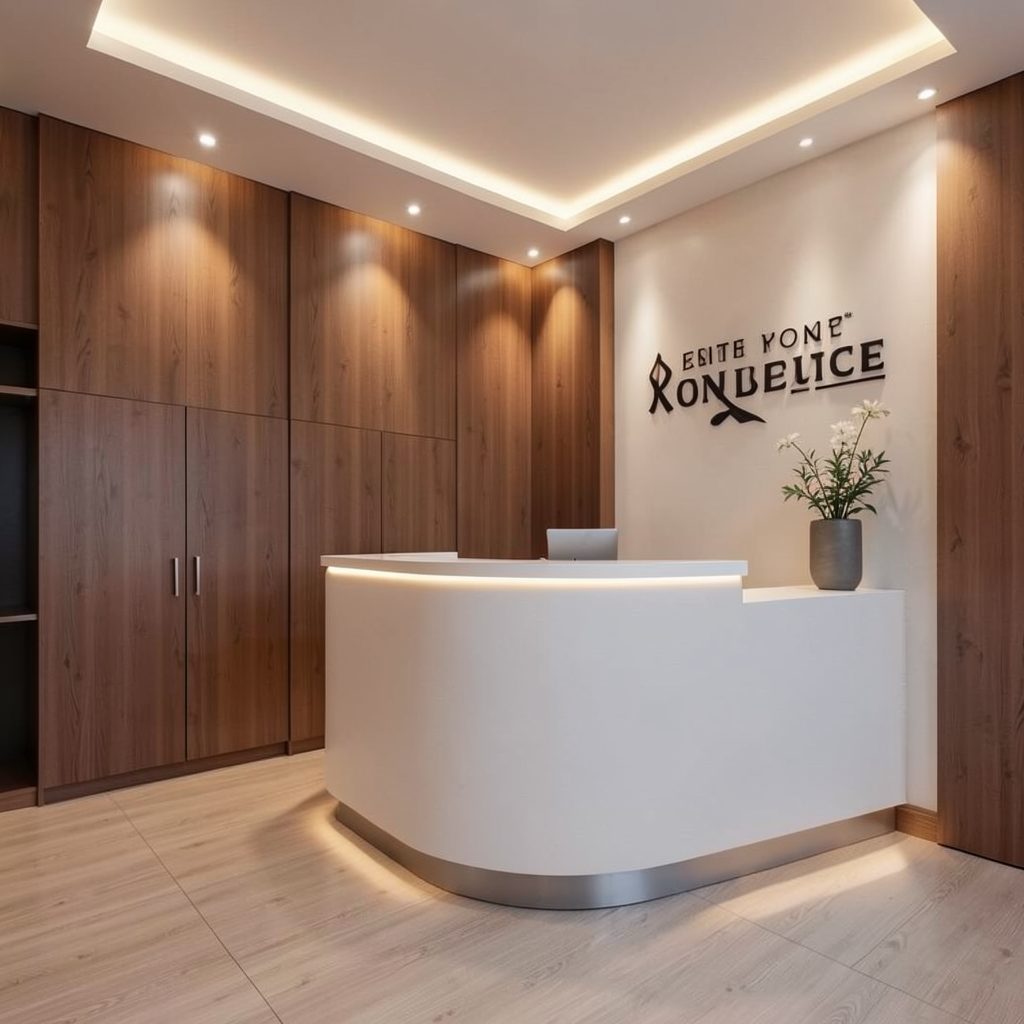 Welcoming studio reception area with warm wood accents, soft ambient lighting, branded wall graphics, and a clean modern front desk