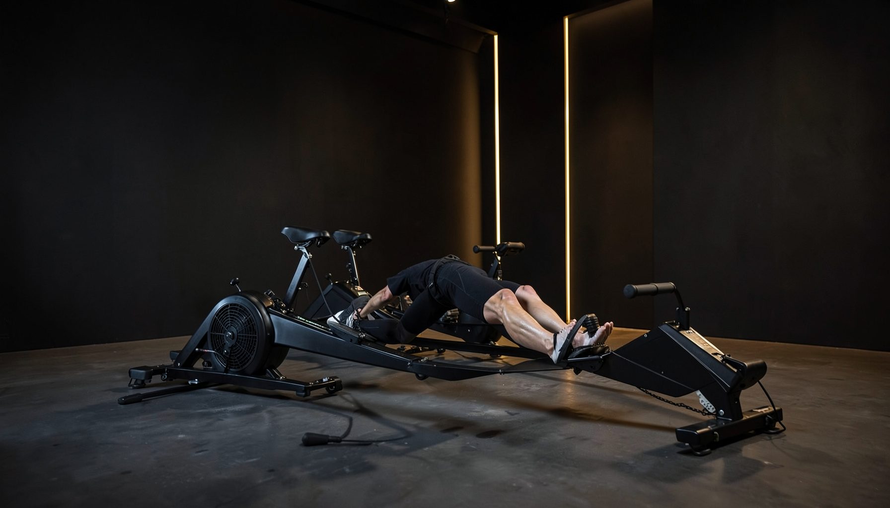 Rowing machines in a modern studio with dramatic lighting, deep charcoal walls and golden accent tones, conveying focus and premium fitness energy