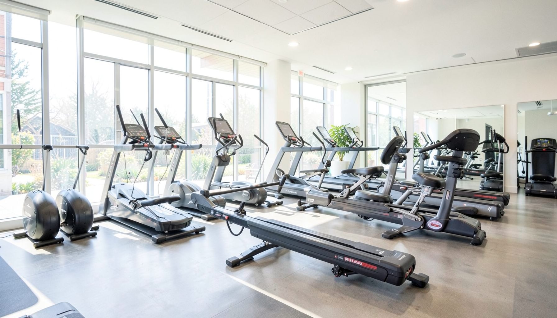 A bright, modern fitness studio with rowing machines and natural light streaming through large windows, clean and inviting