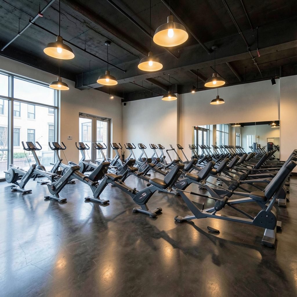 Row of water rowing machines lined up on dark polished concrete floor, illuminated by warm pendant lights, with exposed ceiling and modern industrial aesthetic