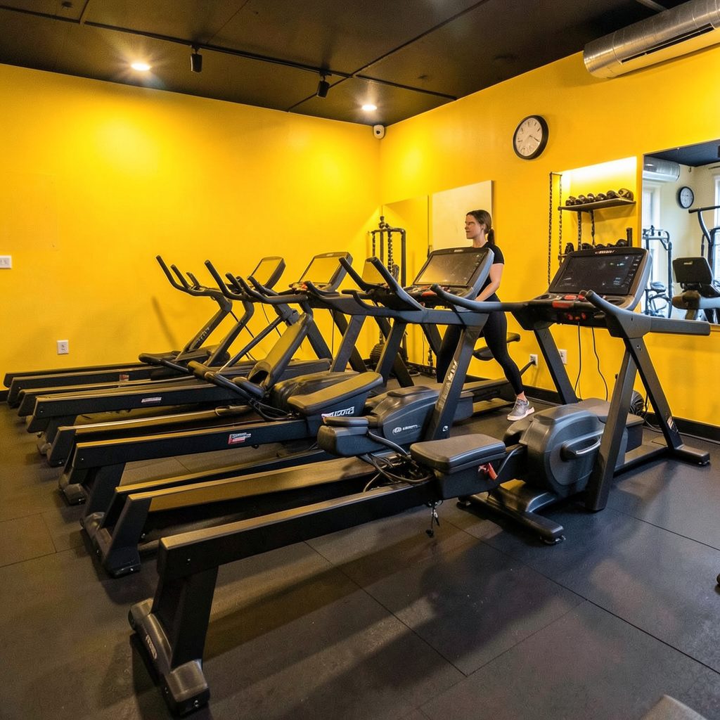 Warmly lit boutique fitness studio interior with rowing machines in a row, yellow accent wall, dark flooring, energetic and motivational atmosphere