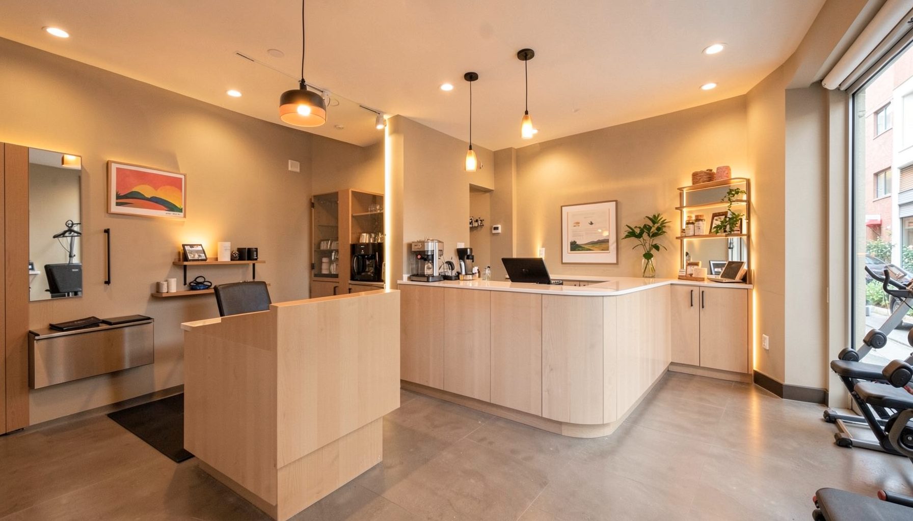 A welcoming fitness studio reception area with warm lighting, clean lines, and a sense of community