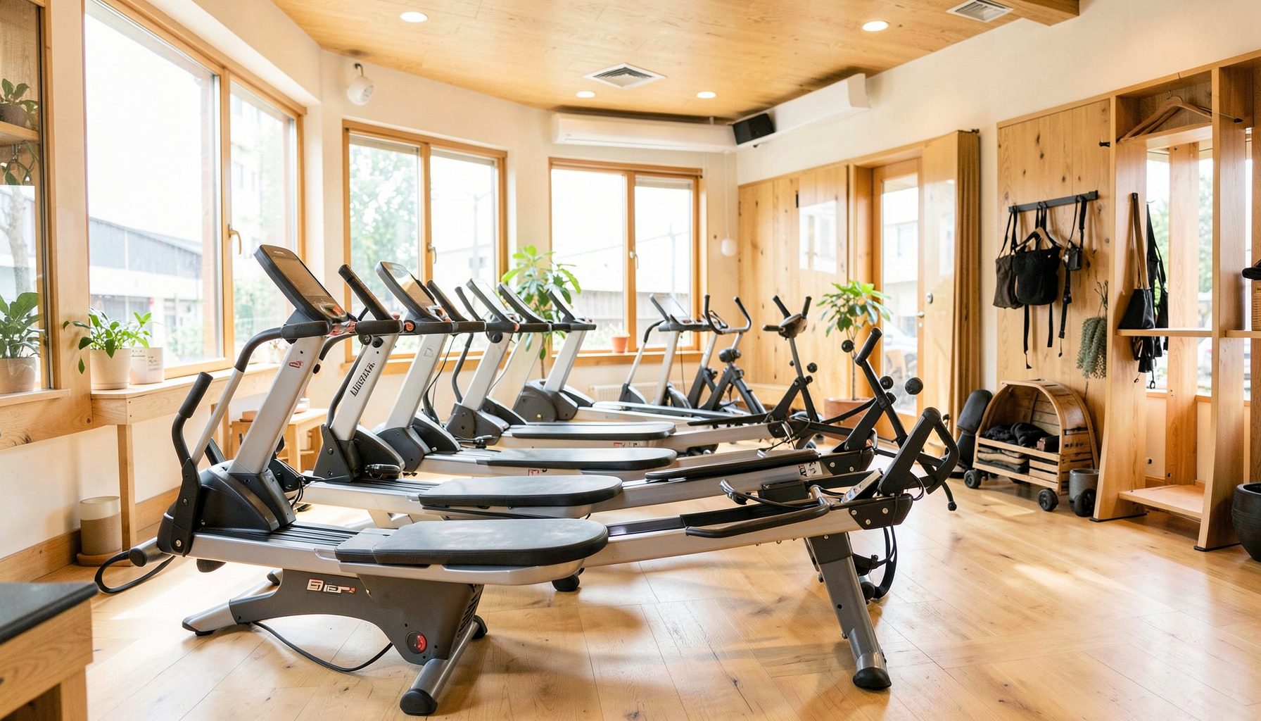 Bright, airy boutique fitness studio interior with rowing machines lined up, warm wood tones and soft natural light creating an energetic yet welcoming atmosphere