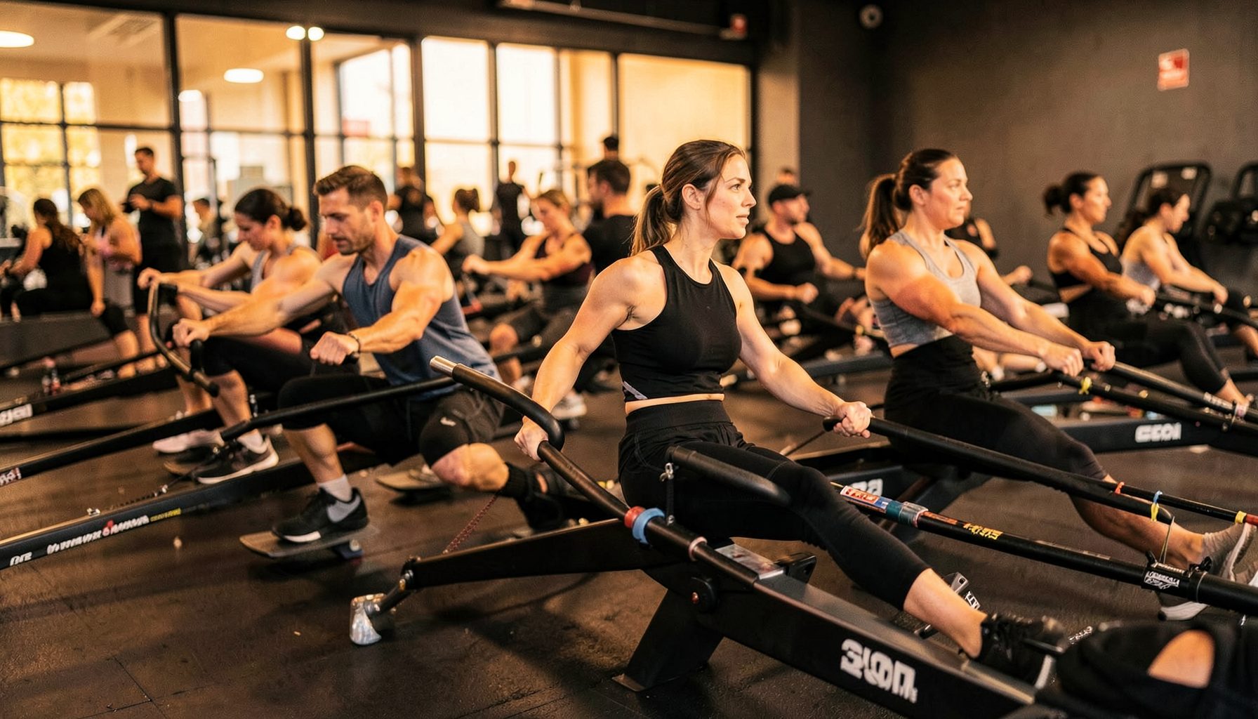A group fitness class in progress, participants rowing in unison, energetic mood with warm amber and charcoal tones