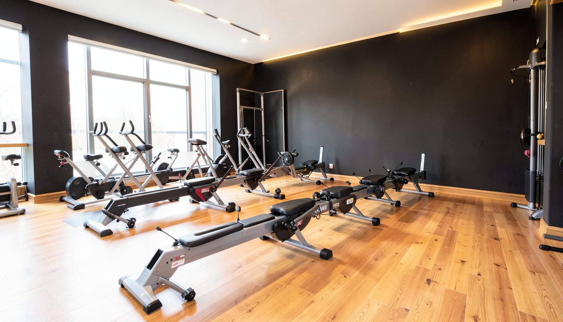 Bright, airy indoor rowing studio with warm wood flooring, rows of sleek rowing machines, and soft golden accent lighting against dark walls