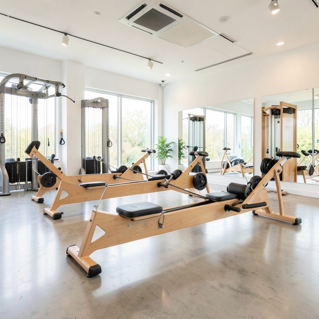 A bright modern indoor rowing studio interior with sleek wooden rowing machines, polished concrete floors, and soft natural light, clean and inviting
