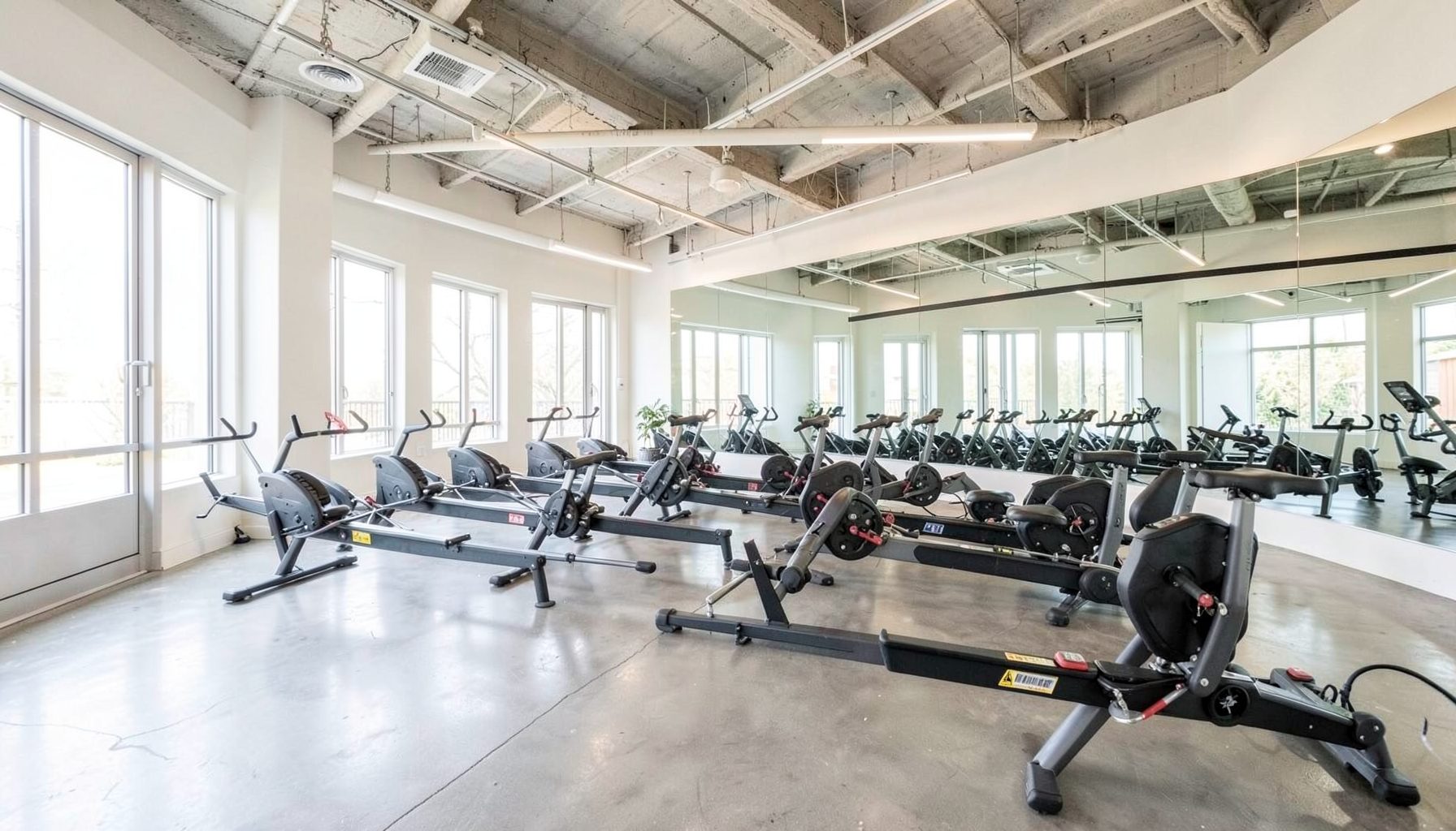 A bright, airy indoor rowing studio interior with polished concrete floors, exposed ceiling, and rows of rowing machines facing a mirrored wall, bathed in soft natural light.