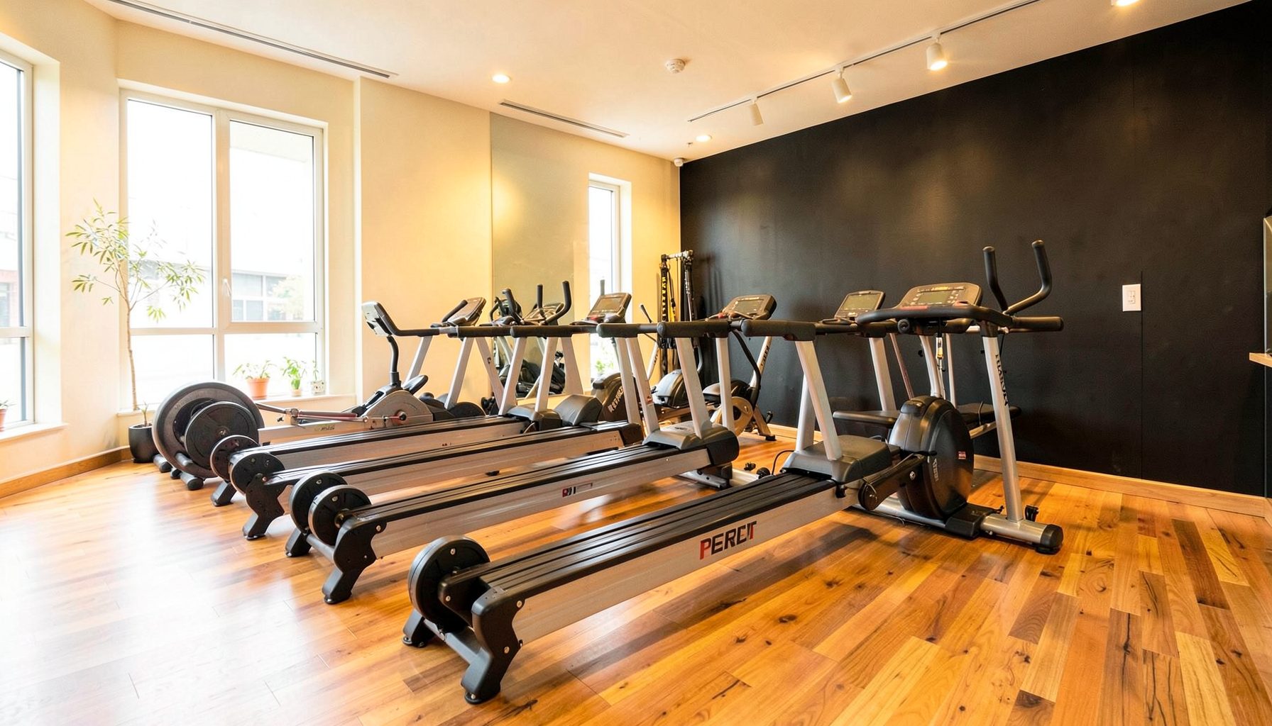 Bright, airy boutique fitness studio interior with rowing machines lined up on polished wood floors, warm golden lighting, and dark accent walls.
