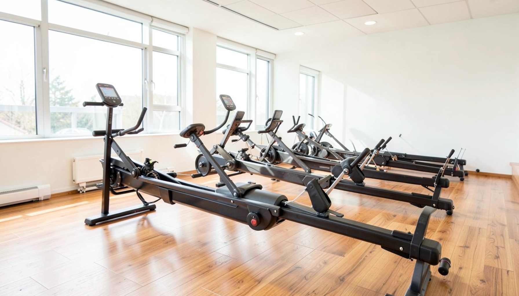 Bright, airy indoor rowing studio with warm wood floors and soft natural light, rowing machines lined up in a clean modern space