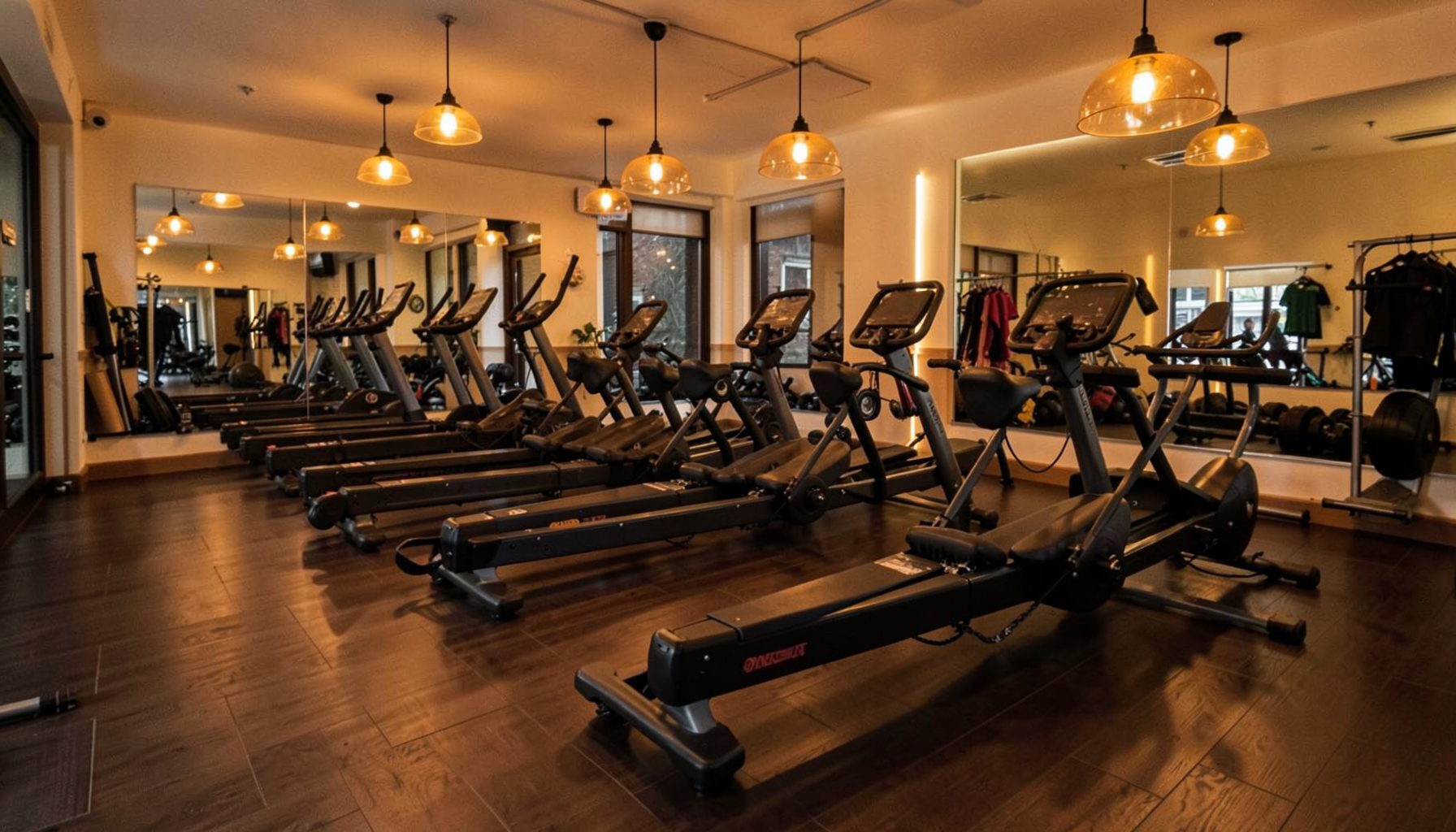 A warmly lit boutique fitness studio interior with rowing machines lined up on dark wood flooring, soft amber glow from pendant lights, and an energetic yet refined atmosphere