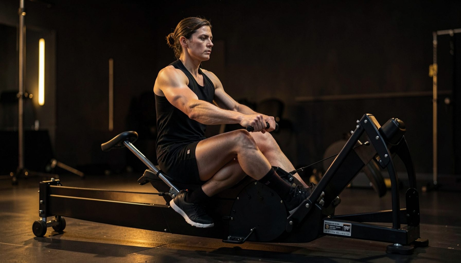 A person rowing on an indoor rowing machine with focused form, warm studio lighting, dark tones with accents of gold